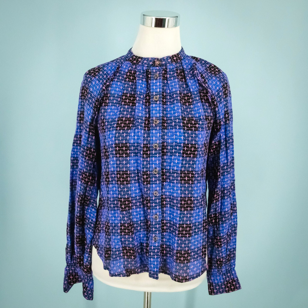 Pilcro Anthropologie Size XS Breezy Blue Plaid Button Long Sleeve Top Blouse
